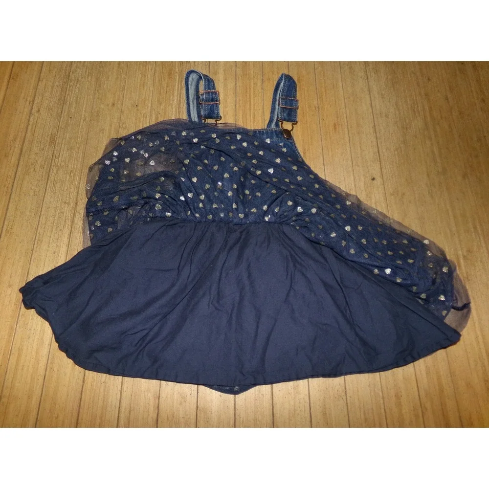 OshKosh Bgosh Girls 5T Denim Tulle Heart Jumper Dress Blue Silver Sparkle